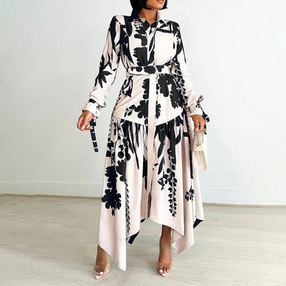 Women Clothing Printed Collared Long Sleeve Tied Irregular Asymmetric Pattern Print Dress