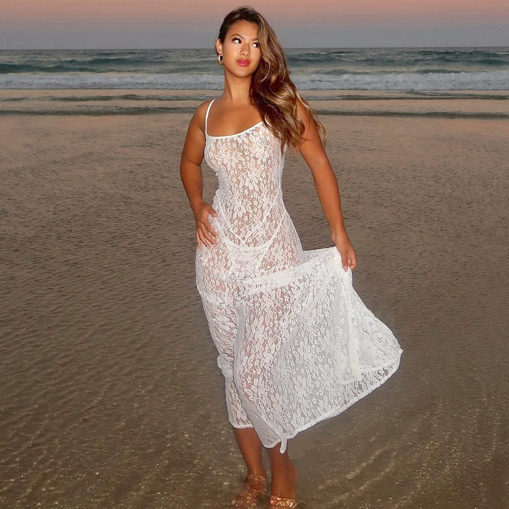 Women Clothing Spring Summer Lace Transparent Sexy Sling Dress Women Dress High-Grade Beach Party Sexy