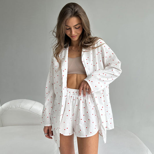 Pyjama imprimé coeur ensemble automne hiver confortable ample blanc avec motif imprimé manches longues short pyjama deux pièces ensemble femmes