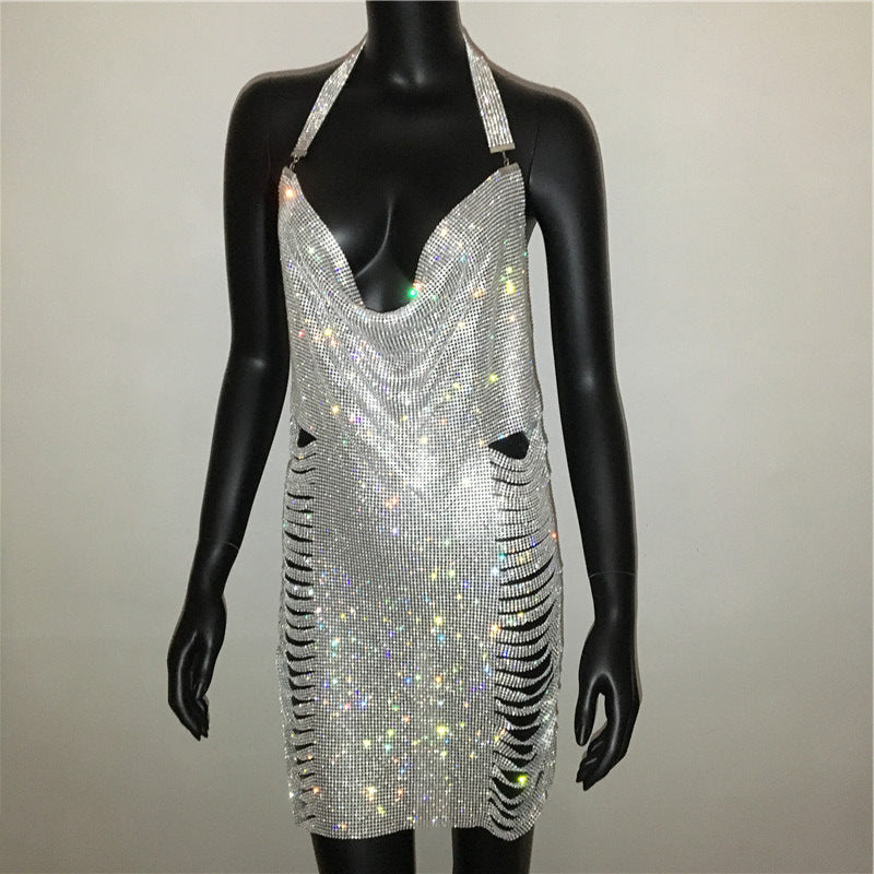 Ropa de mujer, vestido Popular de Metal con diamantes de imitación, vestido Sexy para fiesta y discoteca, vestido Halter para mujer