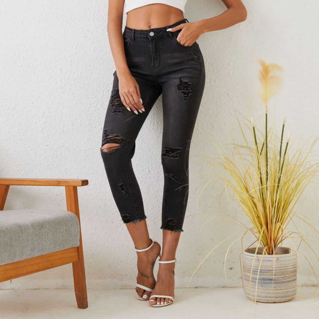 Denim Women Skinny Pants Elastic Slimming Slim Fit Burrs Hip Lifting Skinny Ripped Skinny Pencil Pants