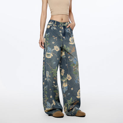 Women Same High Street Floral Wide Leg Jeans Printed Loose Fitting Nine One Mouth Two Leg Mop Pants