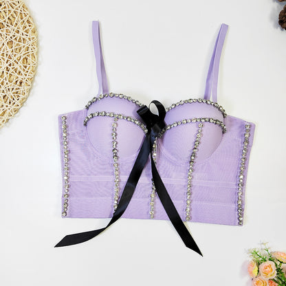 Haut tubulaire Sexy avec nœud papillon intégré et diamants, Design français, Niche pour boîte de nuit, hauts tendance pour femmes, soutien-gorge Corset à désossage perlé