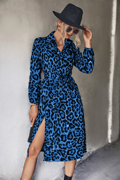 Autumn Winter Women Clothing Classic Sexy Leopard Print Long Sleeve Split Dress