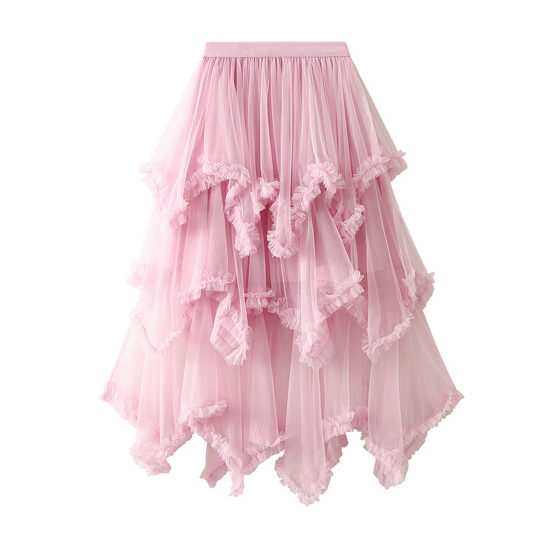 Wooden Ear Irregular Asymmetric Mesh Tiered Skirt Mid Length High Waist Big Swing Puffy Fairy Gauze Dress Long Skirt