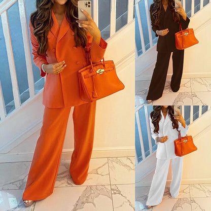 Autumn Winter Solid Color Blazer Casual Wide Leg Pants Suit