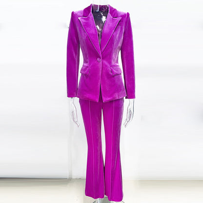 Autumn Winter Women Business One Button Pleuche Blazer Bell Bottom Pants Blazer Suit Set Two Piece Set