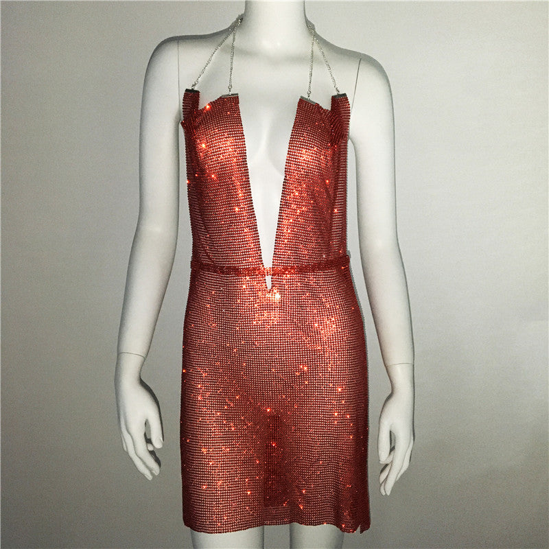 Ropa de mujer, vestido Popular de Metal con diamantes de imitación, vestido Sexy para fiesta y discoteca, vestido Halter para mujer