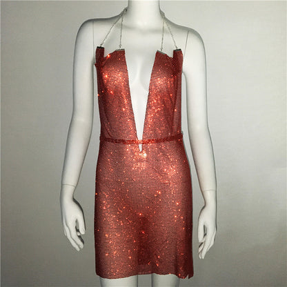 Ropa de mujer, vestido Popular de Metal con diamantes de imitación, vestido Sexy para fiesta y discoteca, vestido Halter para mujer