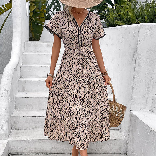 Vestido midi con estampado de leopardo de manga corta de verano para mujer