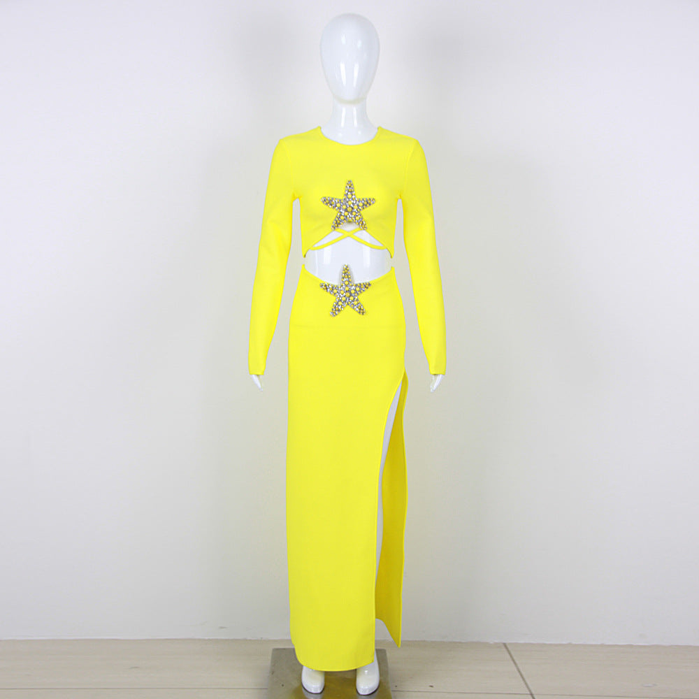 Women's Fashion Long Sleeve Hollow Starfish Short Top Split Dress Suit