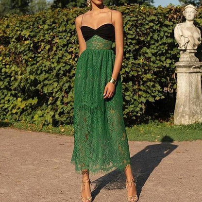 Robe longue en dentelle verte pour femmes, vêtements Sexy, bretelles, ajouré, découpe, vacances