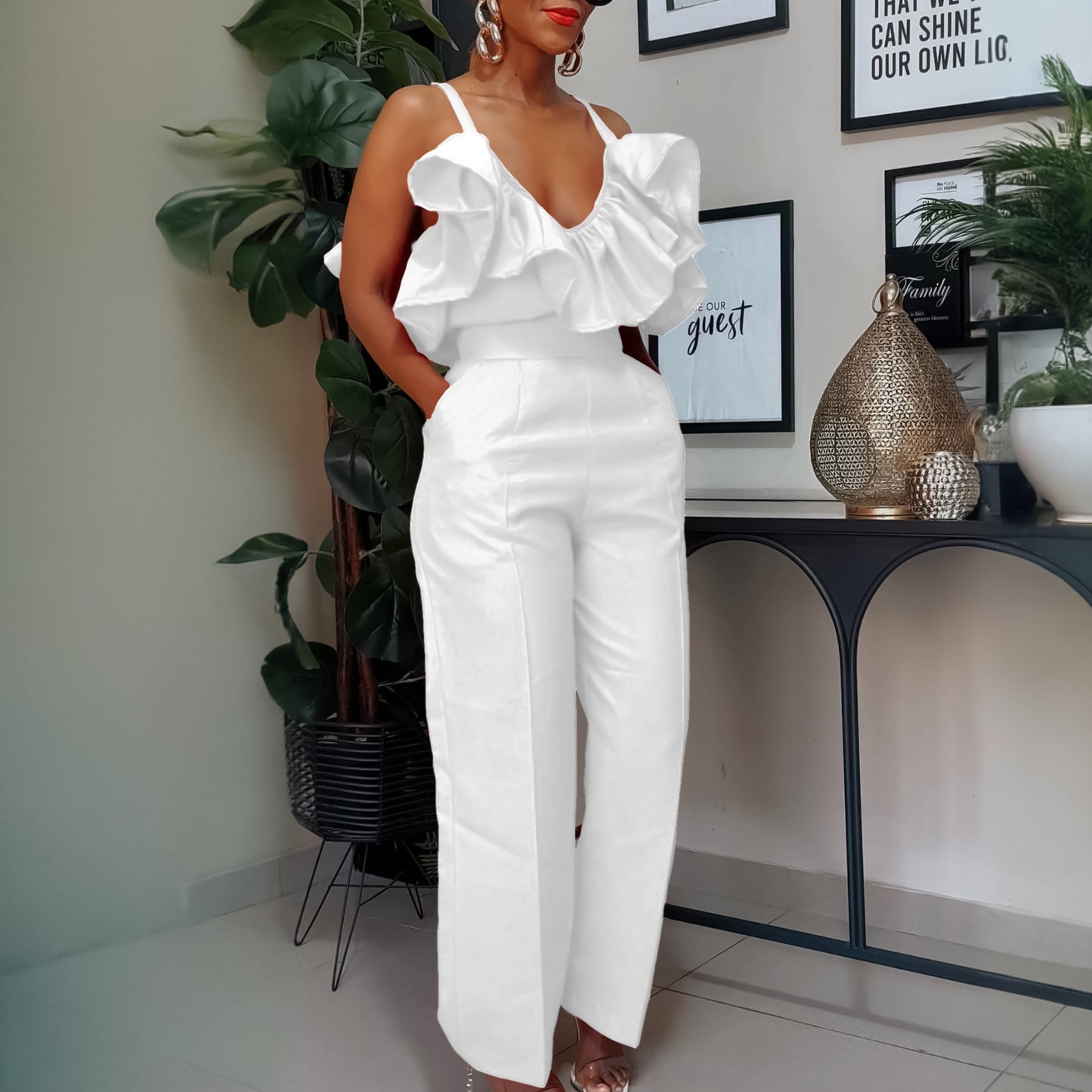 Women Clothing Summer V Neck Flounce Sling Top High Waist Trousers African Suit