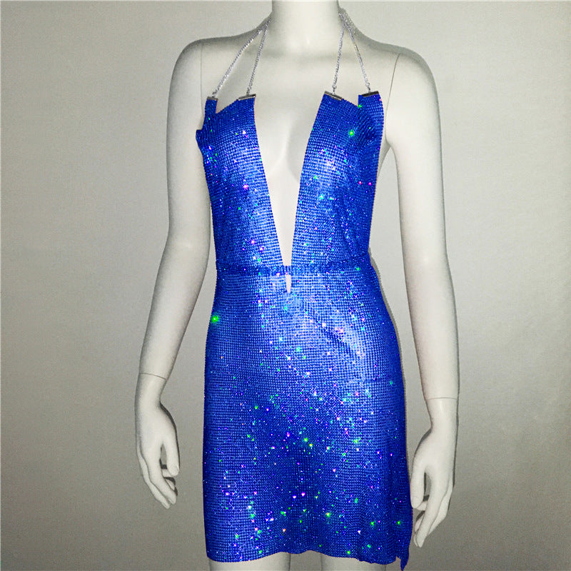 Ropa de mujer, vestido Popular de Metal con diamantes de imitación, vestido Sexy para fiesta y discoteca, vestido Halter para mujer