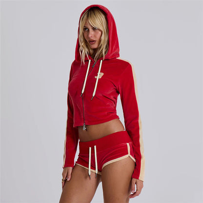 Autumn Winter Sexy Cropped Hooded Top High Waist Hip Lift Lace up Shorts Sets