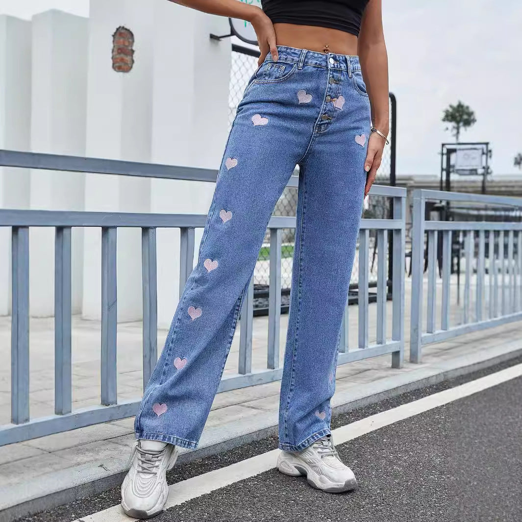 Women Clothing Love Embroidered Casual High Waist Straight Jeans Trousers