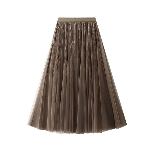 Women Double Sided Heavy Industry Net Yarn Skirt Autumn Winter High Waist Slimming Pleated Skirt Mid Length Gauze Skirt