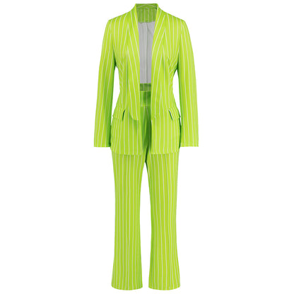 Autumn Winter Casual Striped Blazer Straight Wide Leg Pants Suit Two Piece Suit