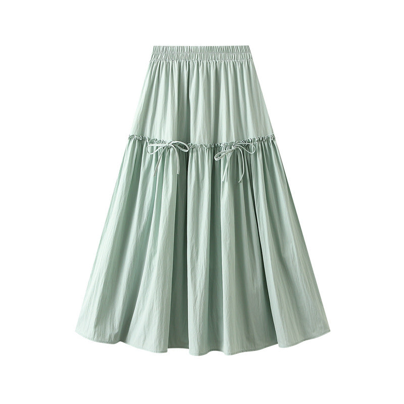 Women Bow Skirt Summer Thin Slimming High Waist Elastic A Line Umbrella Skirt Midi Skirt