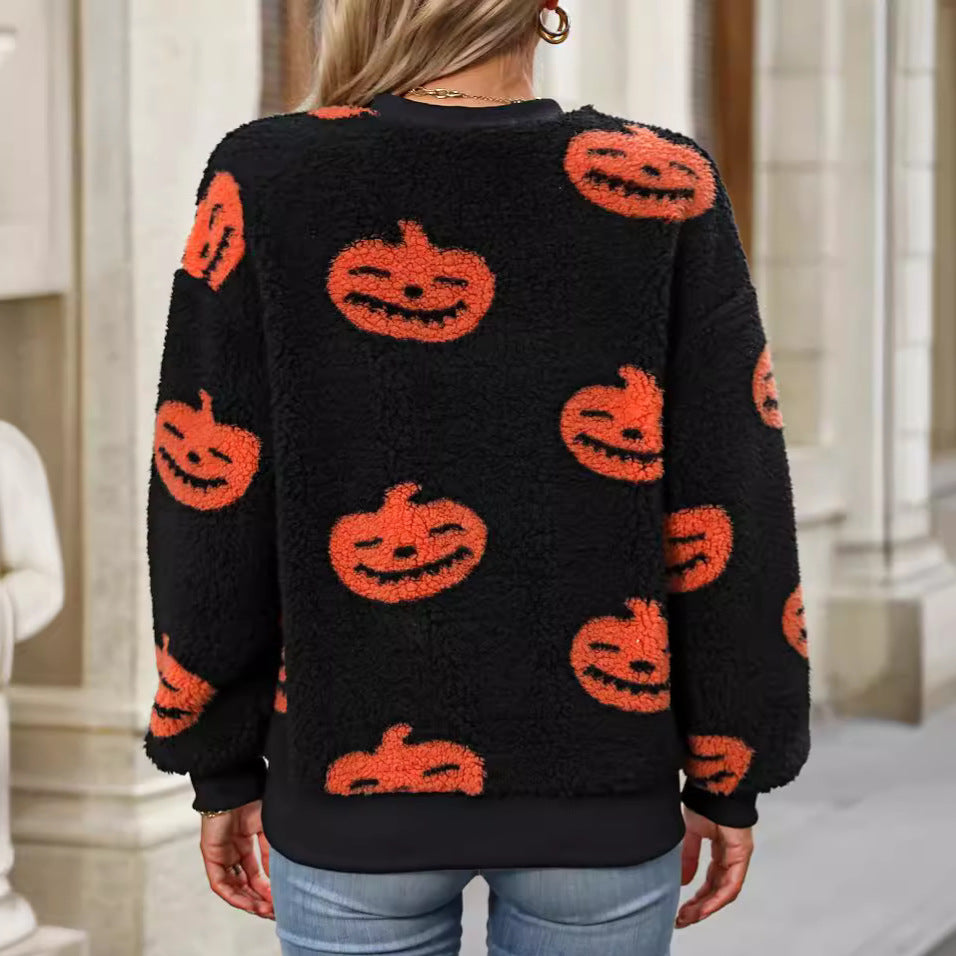 Suéter holgado de felpa con estampado de Halloween para mujer, otoño e invierno