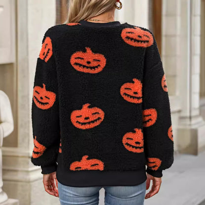 Suéter holgado de felpa con estampado de Halloween para mujer, otoño e invierno