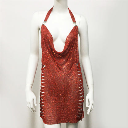 Ropa de mujer, vestido Popular de Metal con diamantes de imitación, vestido Sexy para fiesta y discoteca, vestido Halter para mujer