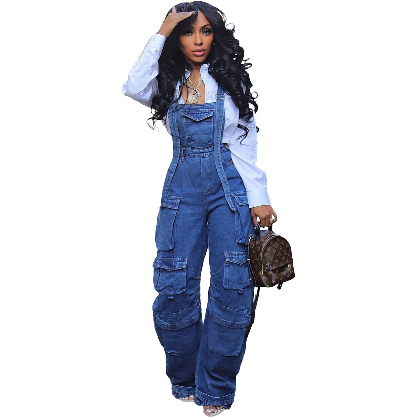 Women Sexy Washed Denim Loose Multi Pocket Suspenders Pants