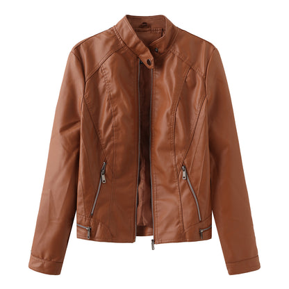 Casual Leather Jacket Spring Autumn Women Leather Jacket Long Sleeve Zipped Stand Collar Coat