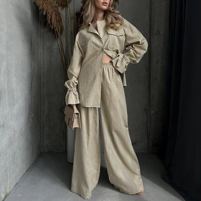 Women Autumn Winter Bell Sleeve Collared Shirt Wide Leg Pants Casual Loose Two Piece Sets