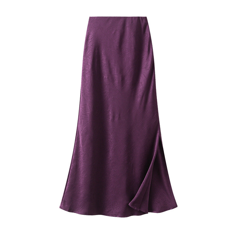 Jupe violette en Satin de haute qualité, motif foncé, jupe d'été en queue de poisson pour femmes, jupe longue drapée fendue