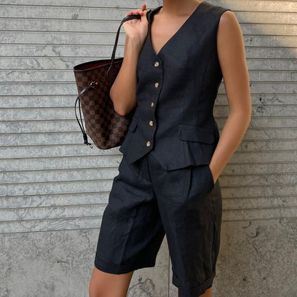 Cotton Linen Suit Vest Suit Women Clothing Summer Casual Sleeveless Tank Top Shorts Two Piece Suit