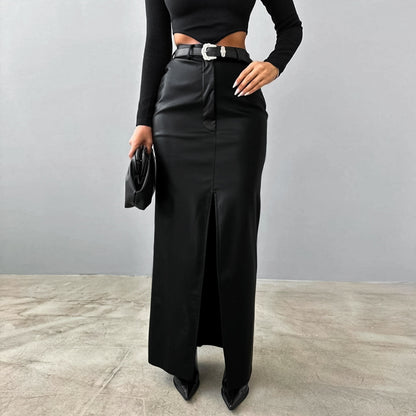 Autumn Premium Elegant Fleece Lined Matte Leather High Waist Slim Fit Sexy Slit Straight Skirt Women Wear No Belt