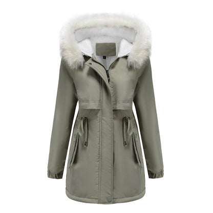 Women Winter Velvet Cotton Clothes Women Hooded Detachable Fur Collar Long Sleeve Parka