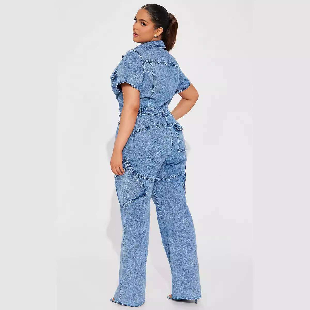 Tight Waist Slim Elastic Fried Floral Wash Denim Jumpsuit Jumpsuit Bell Bottom Pants