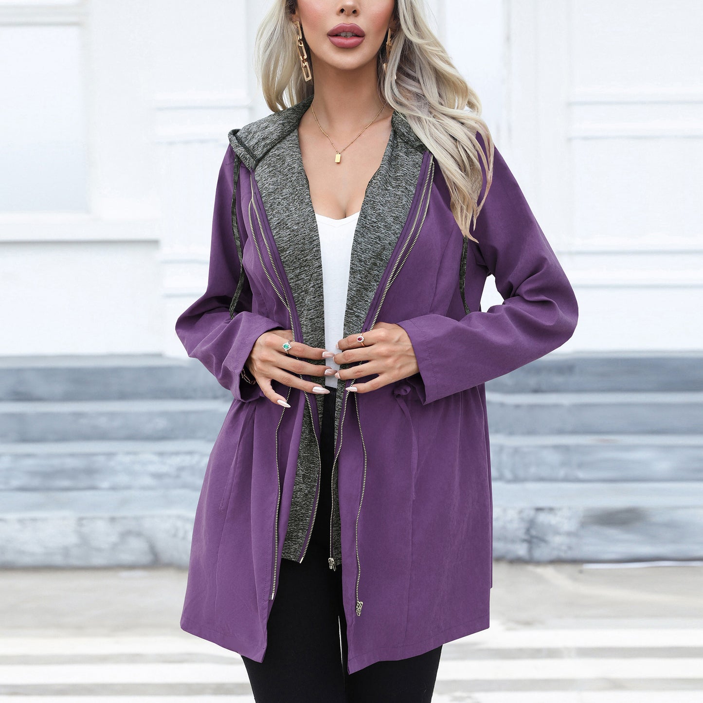 Women Clothing Casual Waist Tight Double Zipper Contrast Color Coat Mid Length Long Sleeve Hood Windbreaker Explosion