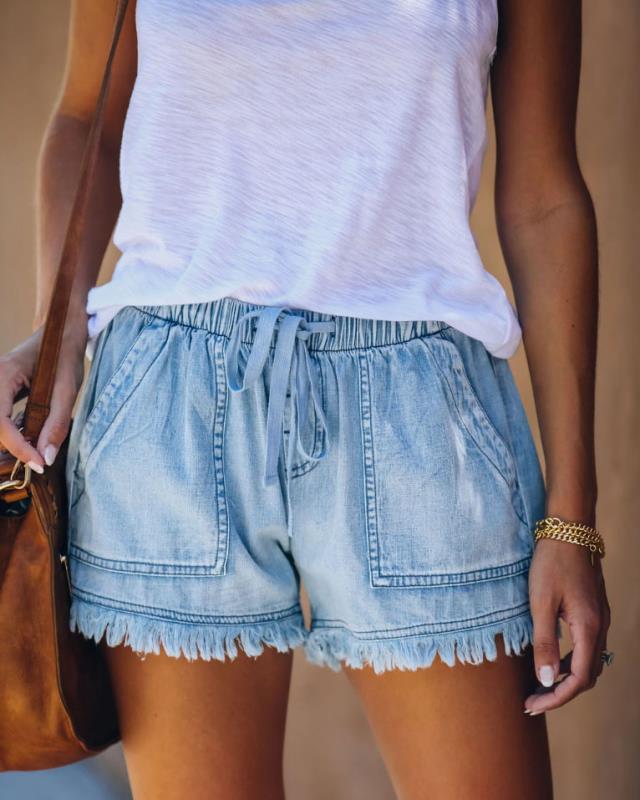 Summer New Elastic Waist Drawstring Casual High Waist Slimming Denim Shorts for Women