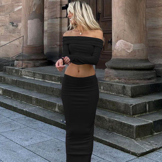 Autumn Off Shoulder Long Sleeve Solid Color Slim Skirt Casual Set Women