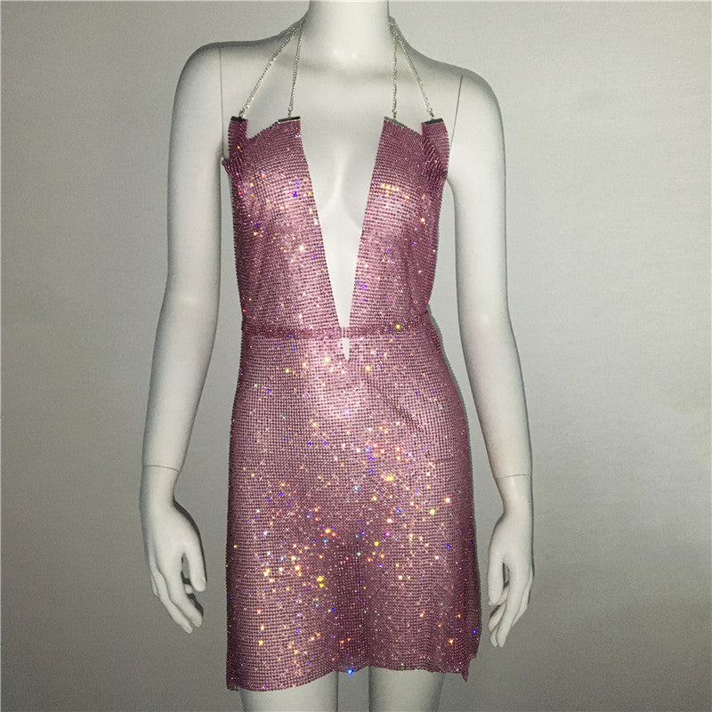 Ropa de mujer, vestido Popular de Metal con diamantes de imitación, vestido Sexy para fiesta y discoteca, vestido Halter para mujer