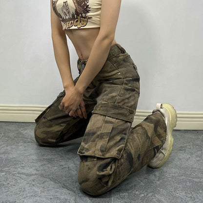 High Street Camouflage vêtements de travail personnalité poche jean femmes rue Hipster jambe droite pantalon pantalon