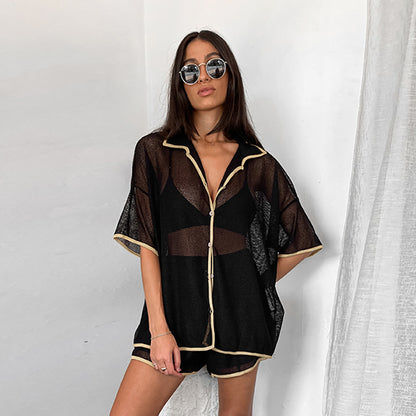 Summer Retro Classic Sexy Patchwork See through Short Sleeve Shorts Set Russia Women Wear Office Two Piece Set