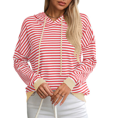 Autumn Winter Women Clothing Striped Contrast Color Long Sleeves Casual Sweater Hoodie for Women