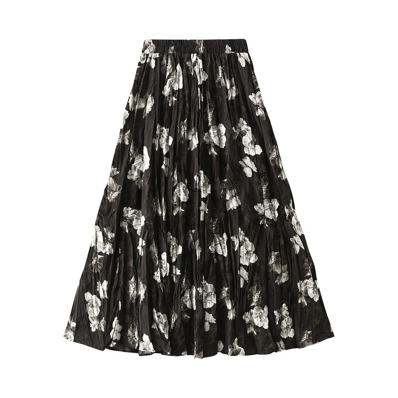 Camellia Autumn High Waist Slimming Crepe Printed A Line Skirt Women Skirt