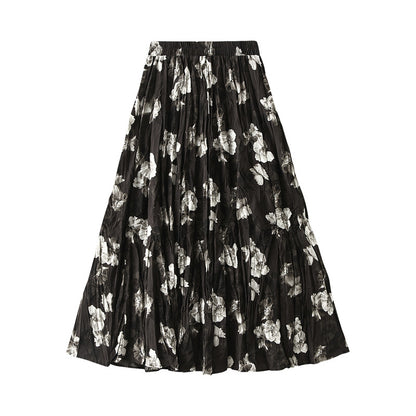 Camellia Autumn High Waist Slimming Crepe Printed A Line Skirt Women Skirt