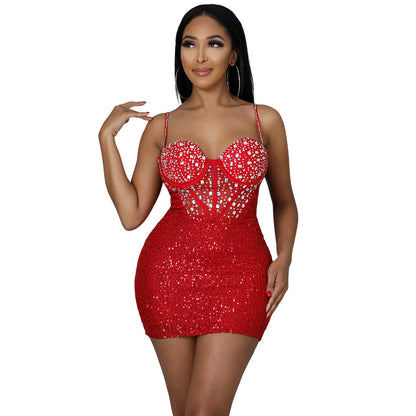 Women Clothing Hip Diamond Embedded Rhinestone Nightclub Party Sequin Cami Dress