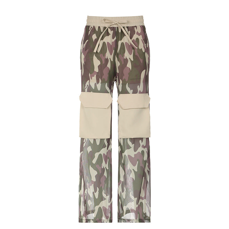 Ropa de mujer, pantalones Cargo de camuflaje con Bolsillo grande de malla, cintura elástica con cordones, pantalones informales rectos de doble capa