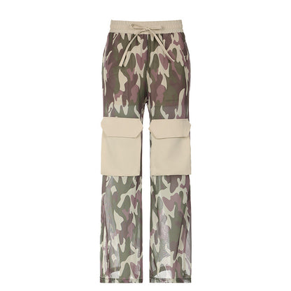 Ropa de mujer, pantalones Cargo de camuflaje con Bolsillo grande de malla, cintura elástica con cordones, pantalones informales rectos de doble capa