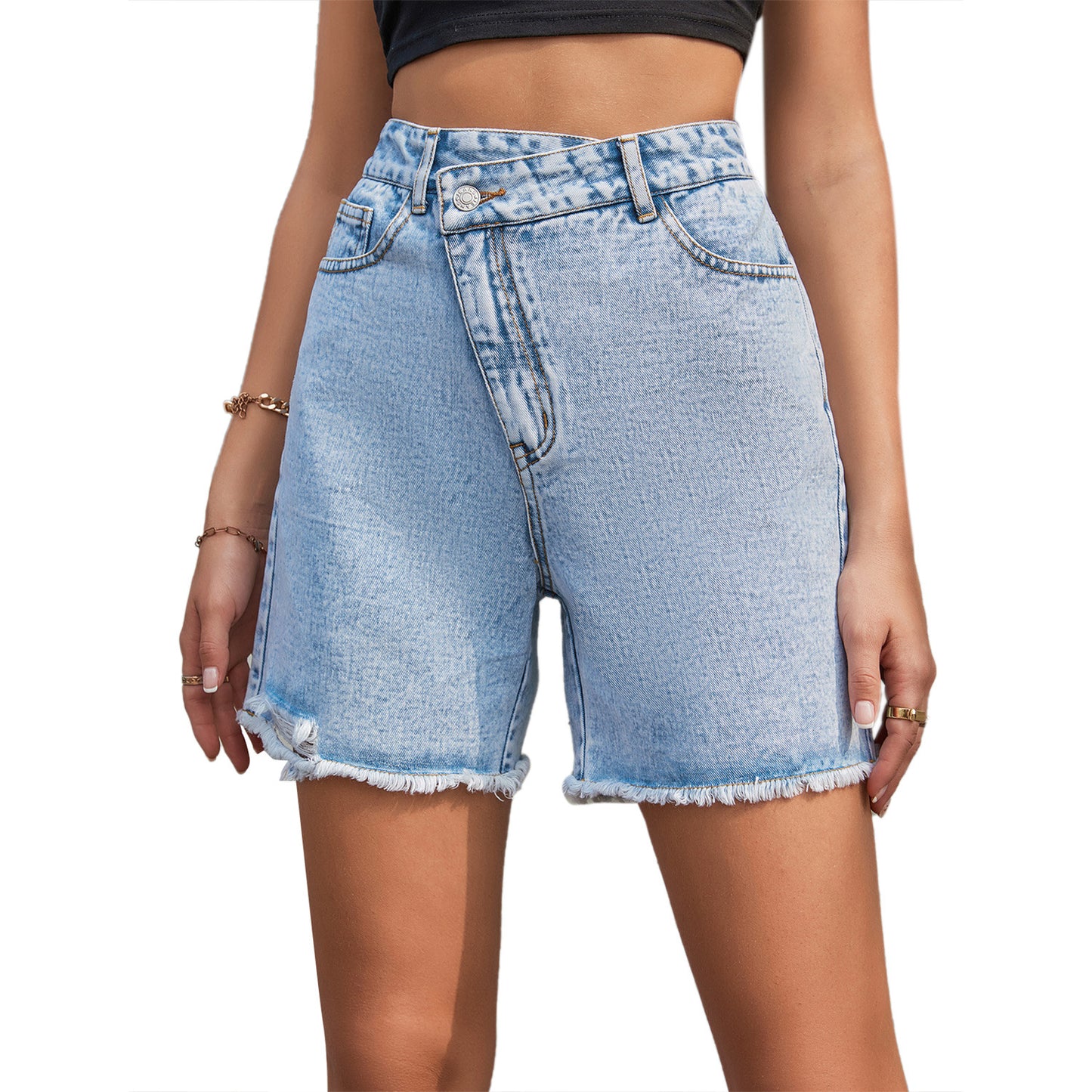 Women Clothing Spring Summer High Waist Loose Slimming Raw Edge Denim Shorts