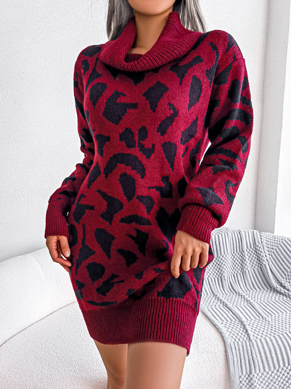 Autumn Winter Street Turtleneck Leopard Print Long Sleeve Base Sweater Dress Women Clothing