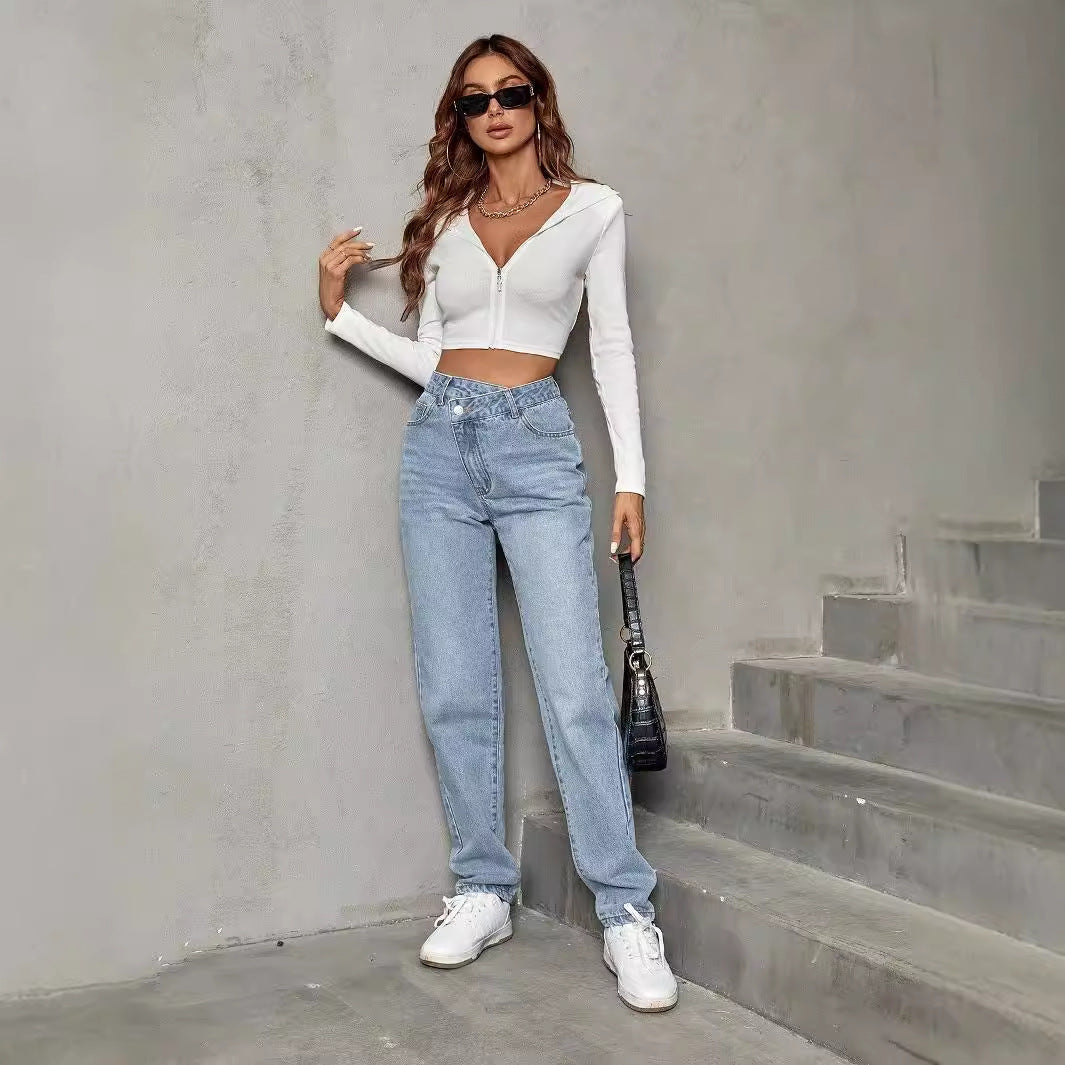 Women Clothing Fleece lined Elastic Straight Slimming Denim Fashionable Trousers