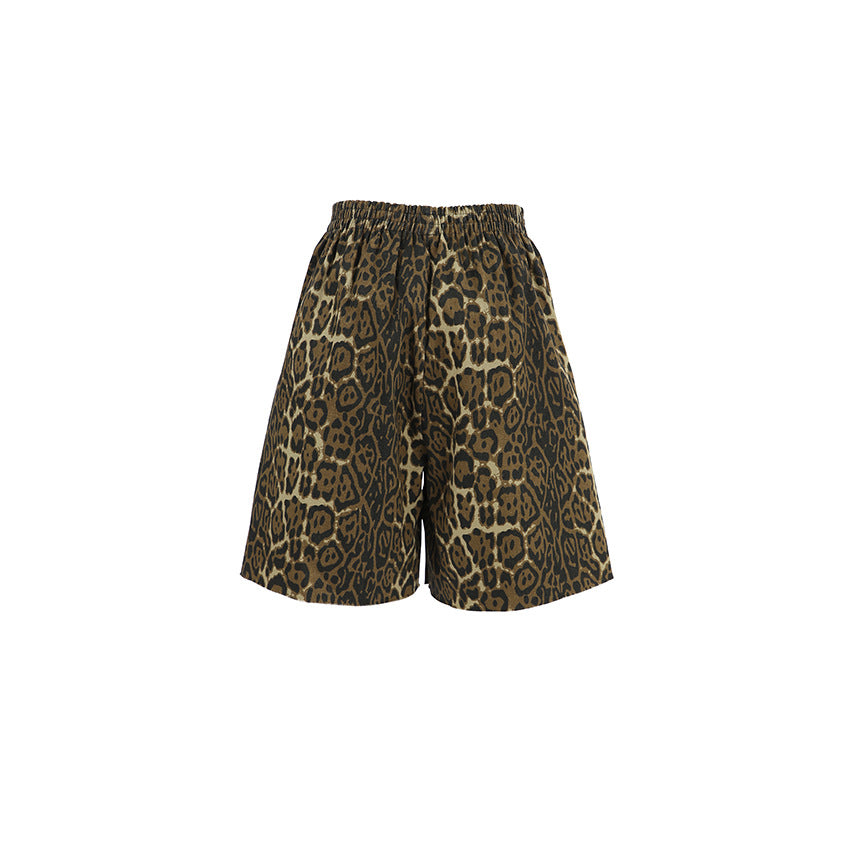 Casual Leopard Print Pure Cotton Straight Sexy Loose Shorts Women High Waist